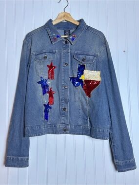 Faded Glory medium wash custom-embellished denim trucker jacket Texas Design 2XL